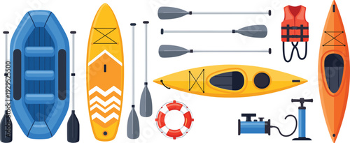 Kayak and Paddleboard Water Sport Equipment Vector Set with Inflatable Boat, Life Jacket, Pump, and Lifebuoy for Summer Adventure Design.