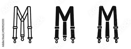 Suspenders icons set, featuring outline, solid, and hand-drawn doodle styles. Fashion accessory vector illustration.