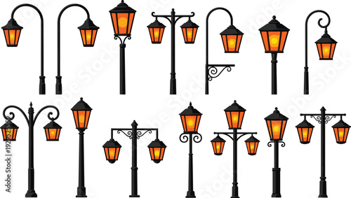 Vintage Street Lamp Collection with Glowing Lantern Posts Classic Urban Lighting Flat Vector Illustration Set