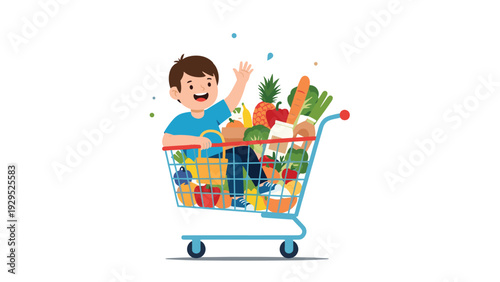 Happy young boy sitting inside a grocery shopping cart filled with fresh fruits and vegetables while waving.