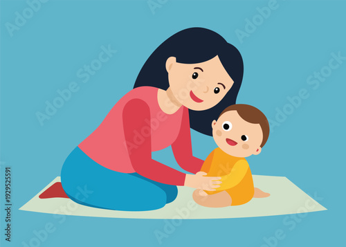 Loving mother tenderly sits on a mat, interacting with her adorable baby, who happily smiles at her.