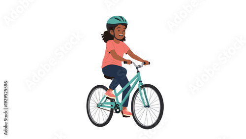 Young African American girl wearing a teal helmet while happily riding her bicycle against a clean white background.
