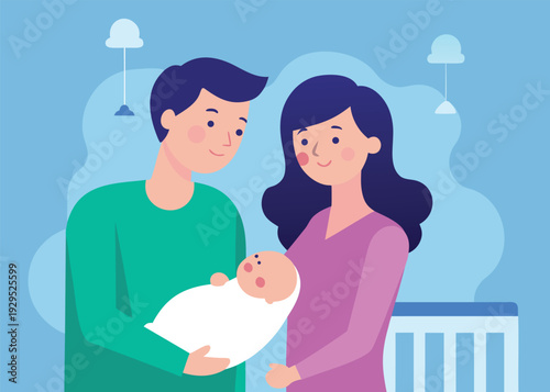 Tender new parents lovingly gaze at their swaddled newborn baby, standing together in a nursery with a crib.