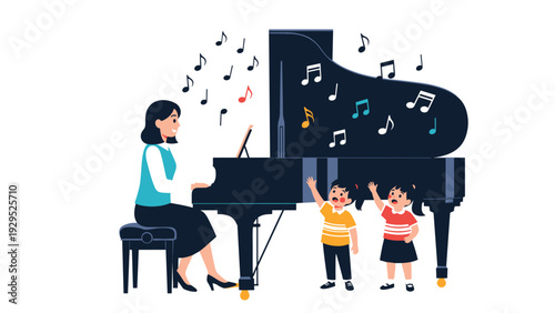 Kind female teacher playing a grand piano while two young children stand nearby and sing along to the happy music.