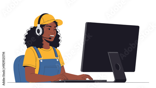 Professional woman wearing a headset and working at a computer desk as a helpful customer support representative.