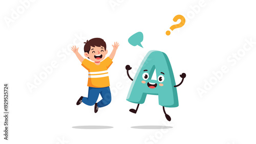 Energetic young boy jumping happily next to a giant cartoon letter A with a friendly smiley face and question mark.