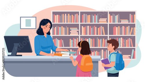 Helpful librarian standing behind a counter and checking out books for two young school children with backpacks.