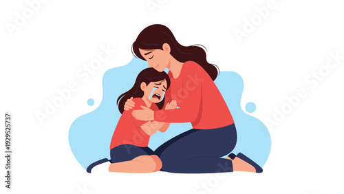 Loving mother kneeling on the floor to hug and comfort her crying young daughter in a tender and supportive scene.