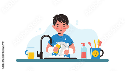 Hardworking young boy washing a white plate with a sponge and soap suds at a kitchen sink with cleaning items.