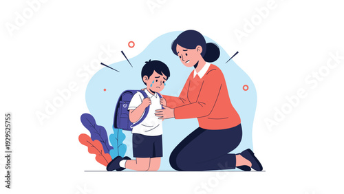 Supportive mother kneeling to comfort her crying young son who is wearing a school backpack in a soft bedroom scene.