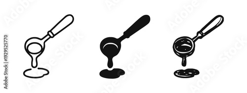 Ladle with pouring liquid icons set, presented in outline, solid, and hand-drawn styles. Kitchen utensil concept.