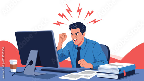 Stressed businessman yells angrily and shakes his fist at a desktop computer monitor while working at a desk piled with folders and coffee.