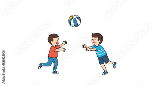 Two young friends have fun playing catch with a striped beach ball as they run and reach for it together in a bright outdoor setting.