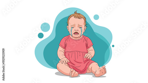 Sad infant baby girl in a pink dress sits on the floor and cries with large tears running down her face in a state of distress or hunger.