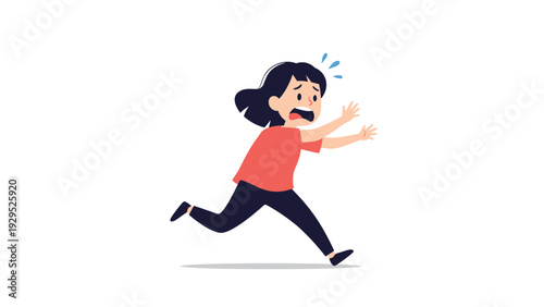 Scared young girl in a red shirt runs away in a panic with sweat drops on her head and arms outstretched as if fleeing from danger.