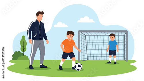Supportive male coach teaches two young boys the basics of soccer on a green field with a goal net and football under a sunny sky.