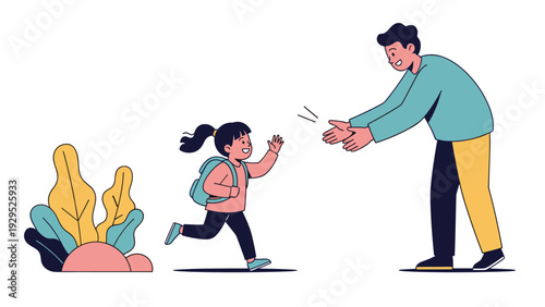 Excited little girl with a backpack runs into the open arms of her father after finishing school or returning from a long trip.