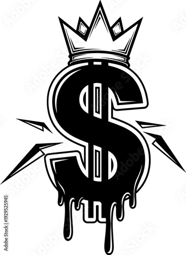 A bold black and white illustration of a dollar sign wearing a crown with lightning bolts and drips, conveying wealth and power, ideal for business and finance concepts.