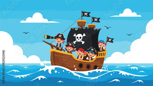 Group of happy kids dressed as pirates sail on a large wooden ship with black flags and a skull and crossbones across the blue ocean waves.