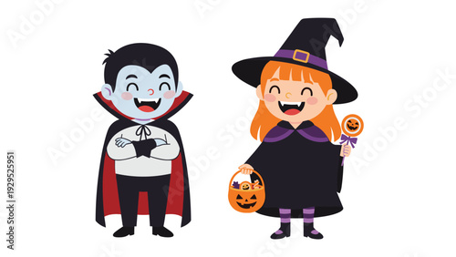 Two happy kids dressed in vampire and witch costumes celebrate Halloween with a bucket of treats and a pumpkin shaped lollipop.