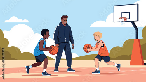 Basketball coach provides guidance to two diverse young boys as they practice their dribbling and ball handling skills on an outdoor court.