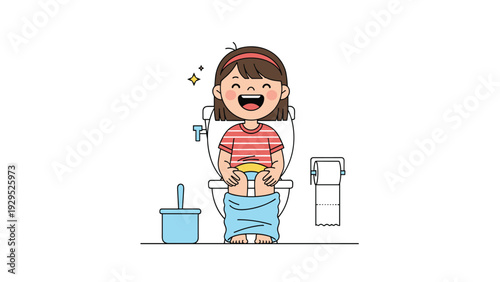 Happy little girl sits on a white toilet and celebrates her success in potty training with a big smile and sparkling stars above.