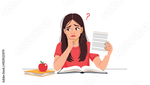 Confused student girl holds her exam paper and looks puzzled with a question mark above her head while sitting at a desk with books.