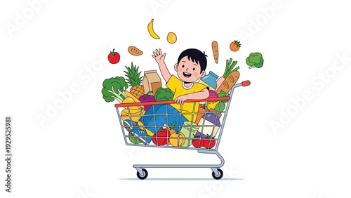 Happy boy sits inside a grocery shopping cart filled with various fresh vegetables and fruits while waving his hand in a supermarket.