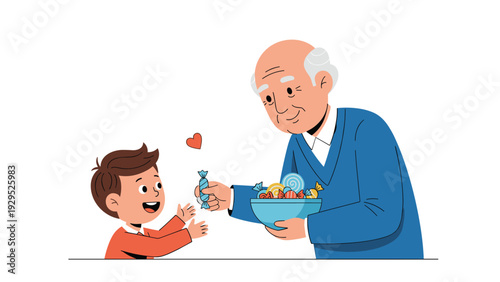 Kind grandfather offers a bowl of colorful candies to his happy young grandson in a heartwarming scene of family love and intergenerational bonding.