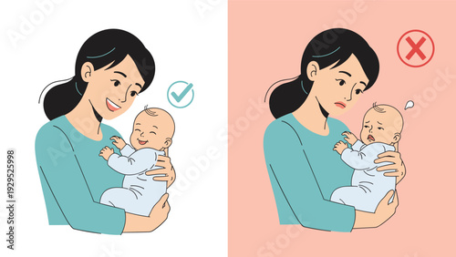 Comparative illustration showing a mother holding a happy baby with a checkmark and a mother holding a crying baby with a cross.