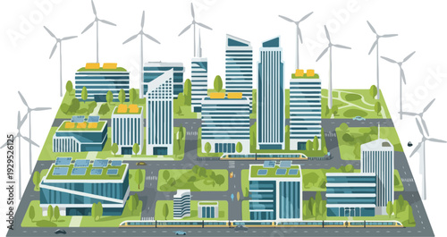 Illustration of a sustainable smart city infrastructure with modern buildings, green spaces, and wind turbines on a white background, showcasing eco-friendly urban planning and architecture.