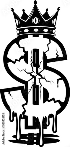 A black and white illustration of a cracked dollar sign with a crown on top, symbolizing broken wealth and financial struggles.