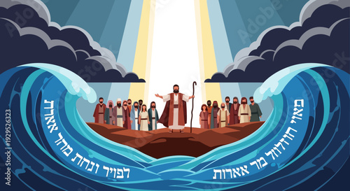 Moses Parts Red Sea with Israelites Following Divine Light Rays Through Stormy Skies