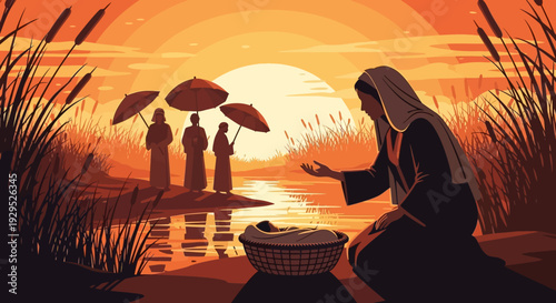Mother Places Baby in Basket on Riverbank with Figures Holding Umbrellas Nearby at Sunset