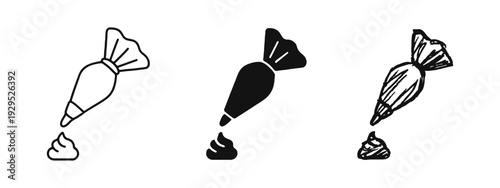 Piping bag with frosting icons set, displayed in outline, solid, and doodle styles. Confectionery and baking tools.
