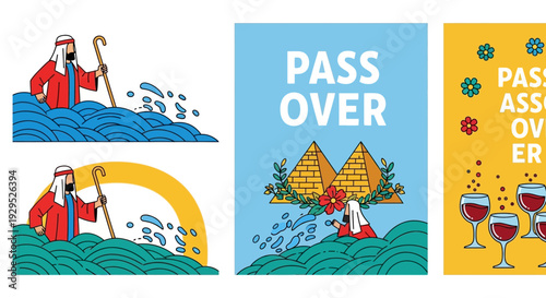Passover Celebration with Moses Crossing the Red Sea and Pyramids Illustration
