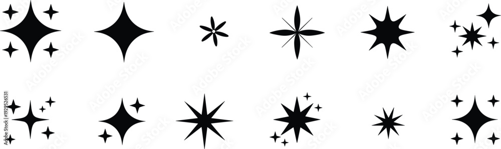 Fototapeta premium Black Sparkle Starburst Shapes Collection Isolated on White Background, Shining Twinkle Icons Set for Decorative Design, Magic Light Effects and Festive Graphic Elements