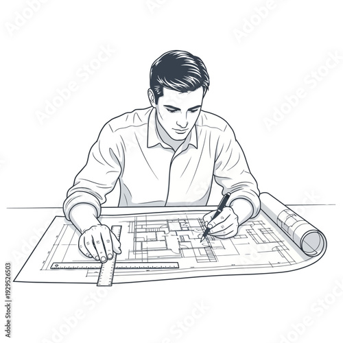 Architect Sketching Building Plans on Drafting Table