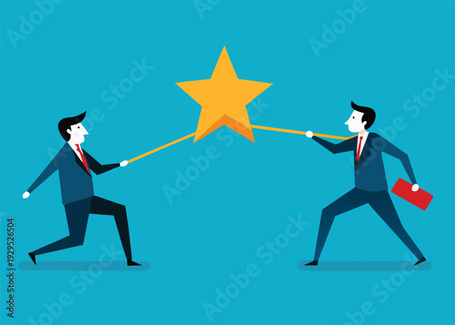 Two businessmen in suits competing in a tug of war for a large gold star on a blue background.
