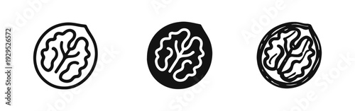 Walnut Icons Set. Outline, Solid, and Doodle Styles. Healthy Nut Food and Ingredient Vector Illustration.