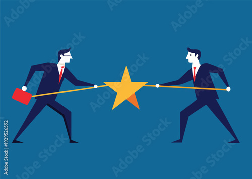 Two businessmen in suits competing in a tug of war for a large gold star on a dark background.