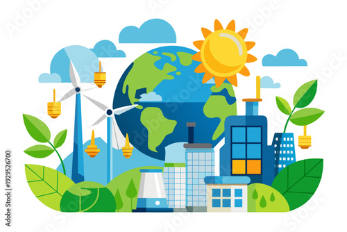 A vibrant illustration features a cityscape powered by various green energy sources surrounding a large Earth globe, emphasizing global sustainability and ecological responsibility.
