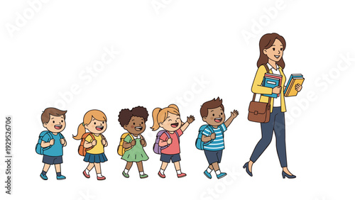 Female teacher leads a line of diverse young students with backpacks as they walk together during a school trip.