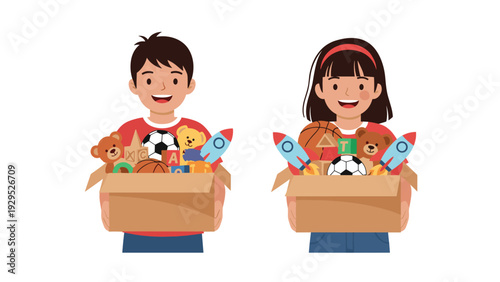 Happy boy and girl hold boxes overflowing with their favorite toys including balls, bears, and space rockets.