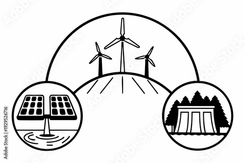 An iconic illustration displays three interconnected circular representations of key renewable energy sources: solar panels on water, wind turbines on a hill, and a hydroelectric dam within a forest.