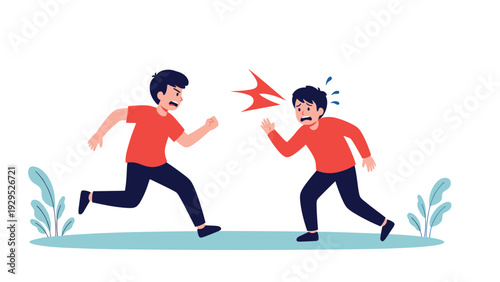 Angry boy shouts at his friend during a disagreement while they are running together outdoors in a grassy area.