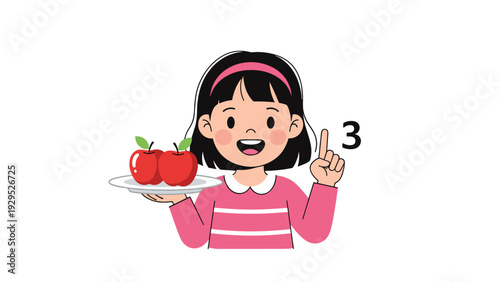Smiling young girl holds a plate with two red apples and points to the number three as she learns how to count.