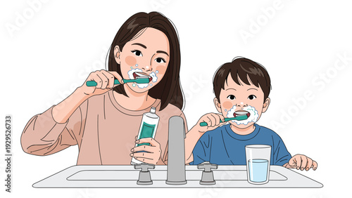 Caring mother and her young son brush their teeth together in the bathroom to maintain very good dental hygiene.