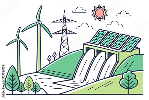 A scenic landscape illustration combines a hydroelectric dam, multiple wind turbines, and solar panels under a partly cloudy sky with a sun, highlighting diverse renewable energy production.