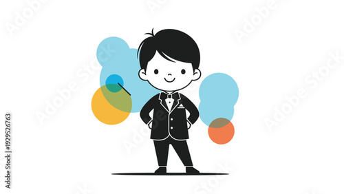 Confident young boy looks smart and professional while wearing a formal black suit with a bowtie for an event.